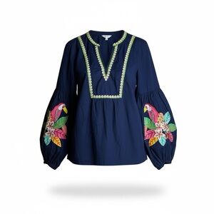 Embroidered Parrot Peasant Top Sz XL